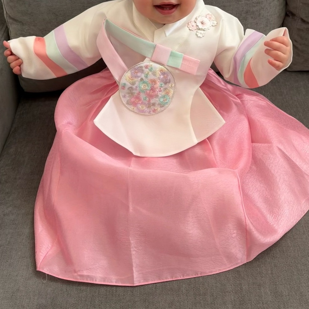 Baby Pink Hanbok Dress with Pastel Striped Sleeves